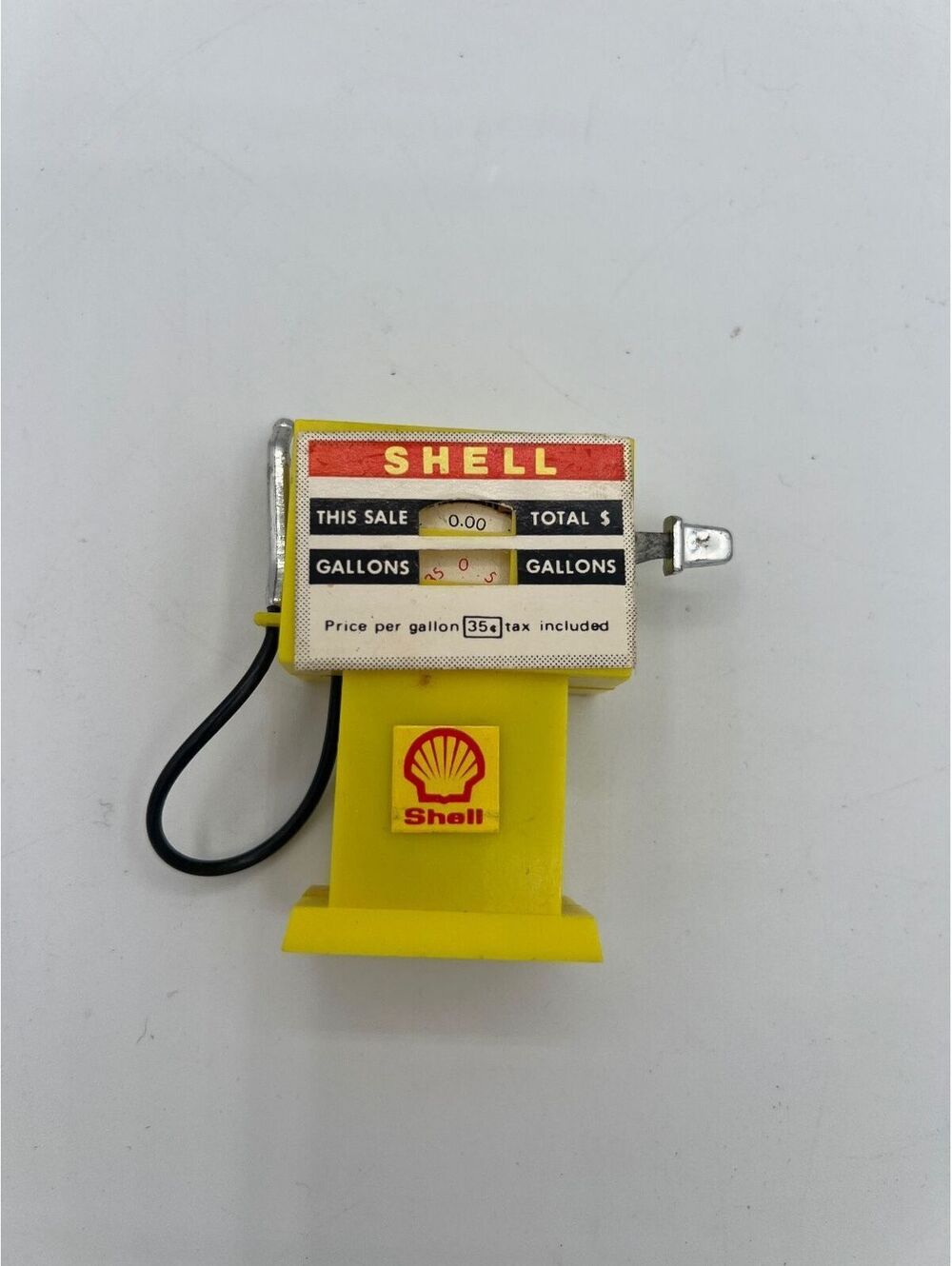 Vintage Shell Gas Pump Toy Replica with Yellow Base and Black Hose Works